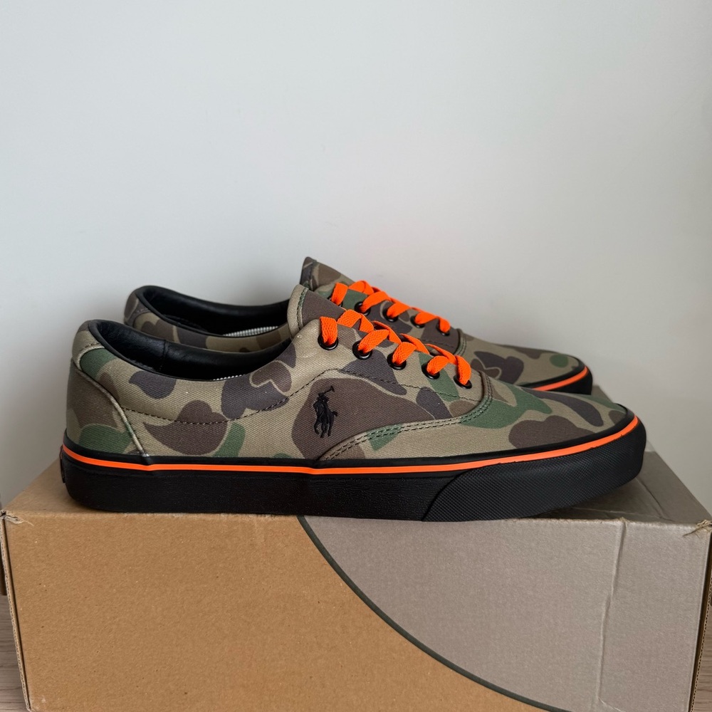 Polo Ralph Lauren Camouflage Green/Orange Canvas Men Sneakers- SZ 10.5 - Picture 4 of 12